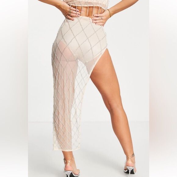 ASOS design Diamanté Side Slit Mesh Midi Skirt NWT - Picture 4 of 7